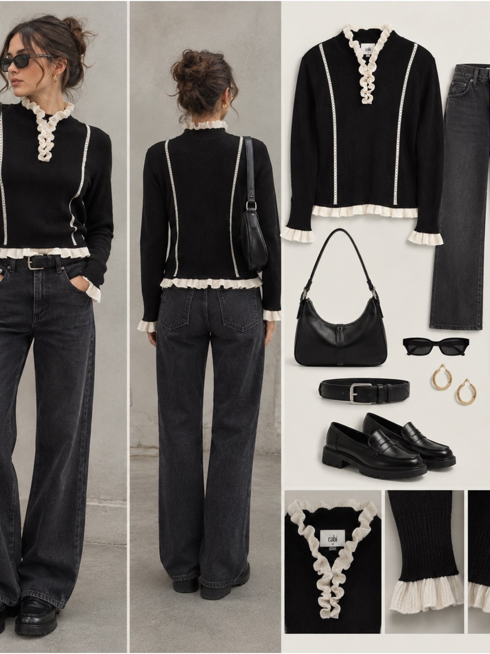 CAbi Black Crewneck Sweater with Cream Ruffle Trim
